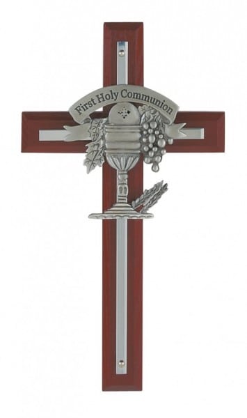 First Communion Wood Wall Cross with Chalice Center