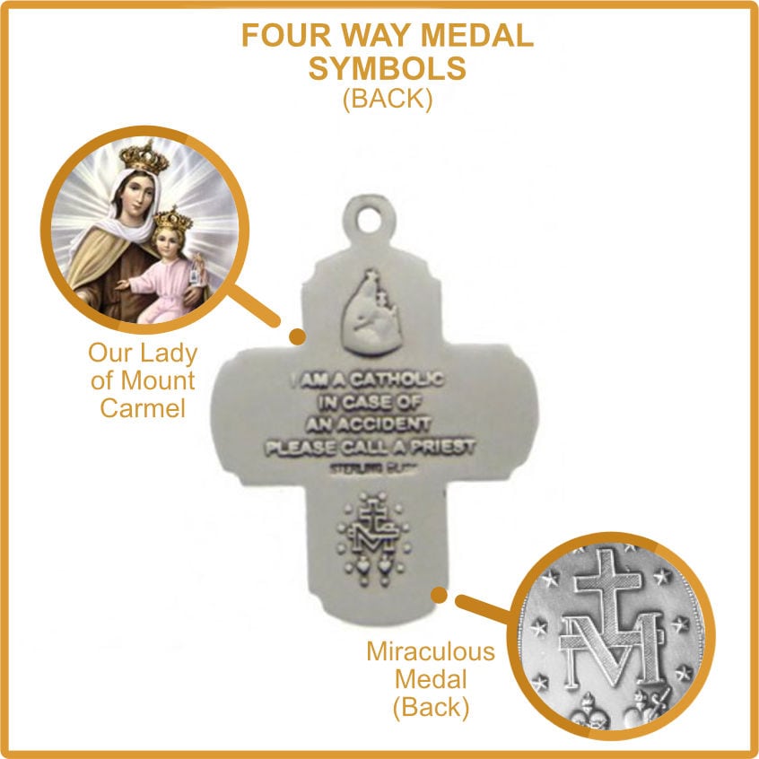 Our Lady of Mount Carmel and Miraculous Medal Symbol on Four Way Medal - Scapular