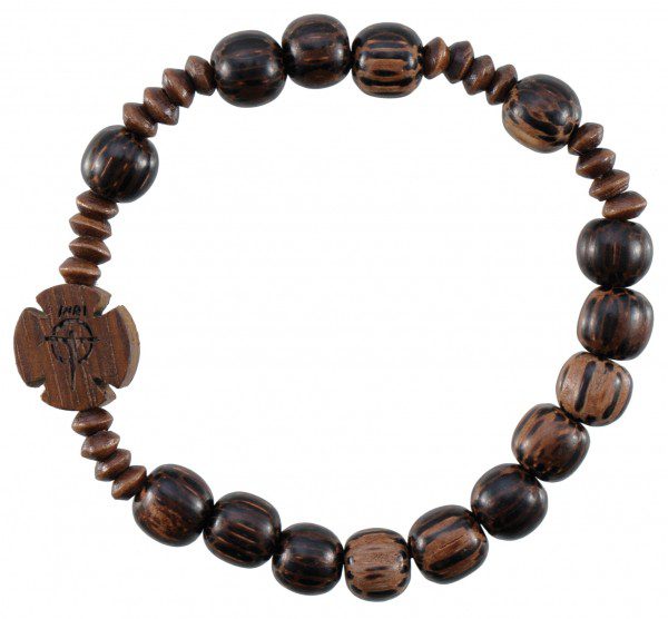 Wood Striped Cut Bead Rosary Bracelet